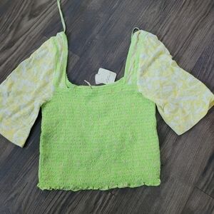 Free People Womens Lime Green Yellow Women's Top Size S Smocked